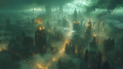 Wall Mural - futuristic city skyline illuminated by the energy harnessed from the Emerald Tablets