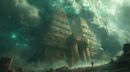 Wall Mural - futuristic explorer unearthing the Emerald Tablets from the ruins of an ancient civilization