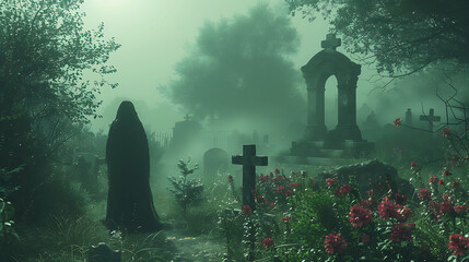 ghostly apparition sharing secrets from the afterlife using the emerald tablets in a misty graveyard
