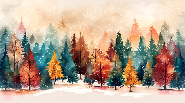 watercolor of A forest made up entirely of different types and sizes of pine trees, with the colors being a mix of greens, blues, reds, oranges, and yellows