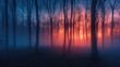 © BOONJUNG - A blurry forest scene with trees and a sunset in the background, A wide angle long exposure photograph of forest with fog is silky smooth