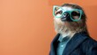 © Humoresque - A Stylish Sloth in Turquoise Glasses Dressed in a Navy Suit Against a Warm Peach Background