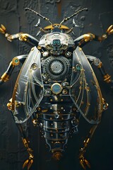 Sticker - Futuristic Mechanical Insect with Intricate Metallic Plates and Gears:An Intricately Detailed 3D Rendering Inspired by Biopunk and Steampunk