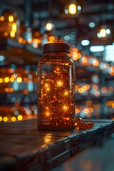 Poster - Glowing Supplement Bottle on Grocery Store Shelf with Brown Pills in Cinematic Photographic Aesthetic