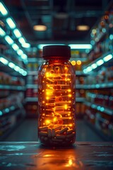 Poster - Glowing Supplement Bottle Amid Grocery Store Shelf Scene