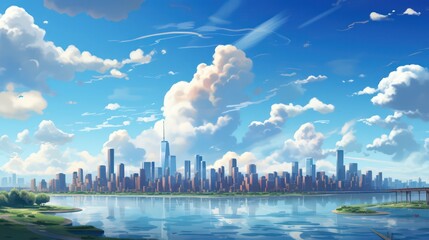 Wall Mural - city skyline with a beautiful sky and water mirror reflection at the foreground
