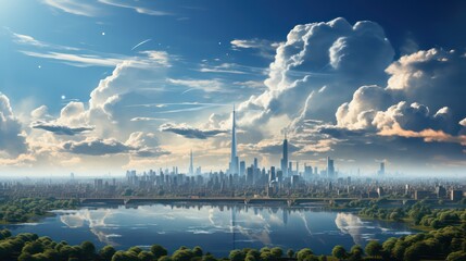 Wall Mural - city skyline with a beautiful sky and water mirror reflection at the foreground