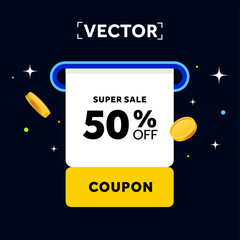 Black friday banner template with price off coupon offer. Special coupon or voucher with golden coins isolated on background. Printing vouchers coming out. Vector illustration. Vector illustration