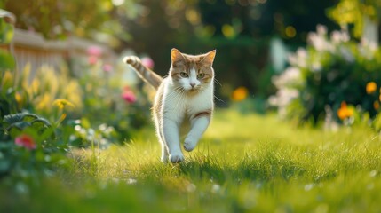 Cute cat jumping on green grass, Happy kitten playing in spring park