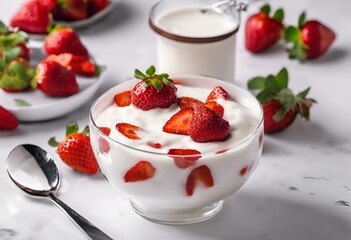 Poster - bowl of yogurt with fresh strawberries and syrup