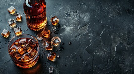 On the Rocks: Whiskey Glass and Bottle on Table, Text Space Available