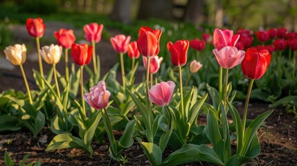 Poster - Stunning assortment of red and pink tulip flowers blooming in an outdoor park