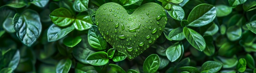 Heart-shaped leaf covered in water droplets surrounded by lush green foliage, symbolizing nature, love, and freshness.