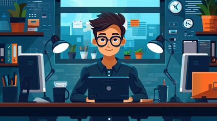 Young male programmer working on a laptop in a modern office.