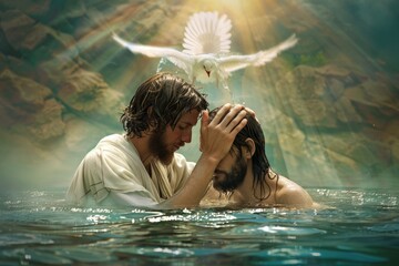 Wall Mural - Sacred immersion: baptism of Jesus - John baptizes Jesus in the Jordan river, marking a pivotal moment of spiritual cleansing and divine affirmation.