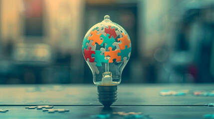 Wall Mural - A minimalist icon of a lightbulb with puzzle pieces, representing technological problem-solving, captured in a close-up shot by a high-definition camera.