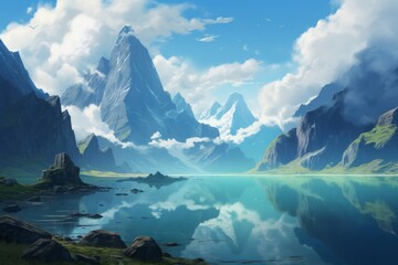Wall Mural - Alpine Tranquility Clouds and Mountains Frame a Stunning Landscape.