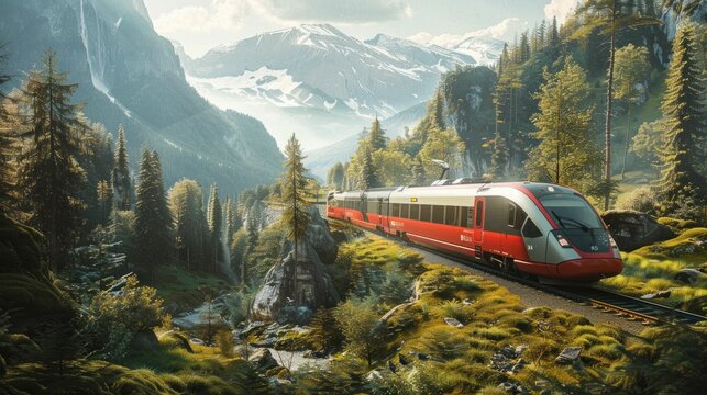 scenic journey red and white train traveling through forested mountains with dramatic landscape view