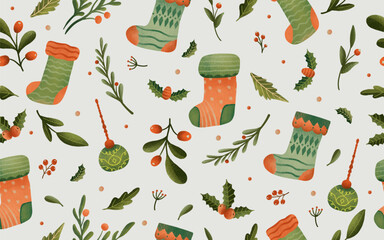 Wall Mural - Christmas seamless pattern with floral and socks ornament for holiday gift wrap, wallpaper  or textile