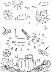 Wall Mural - Thanksgiving Day holiday activity sheet. Pilgrim hat hidden picture dot-to-dot, or connect the dots, else join the dots, picture puzzle and coloring page. 
