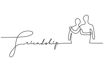 Wall Mural - Friendship handwritten inscription with two people embracing. One line drawing phrase hand writing