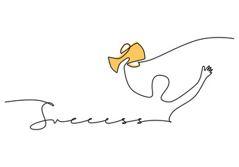 Wall Mural - Success handwritten inscription with people lifting trophy. One line drawing of phrase hand writing.