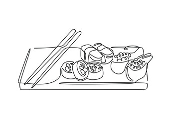 Continuous one line of sushi rolls with chopstick isolated on a white background. Linear stylized.