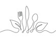 © berkahlineart - Fork, knife and spoon with vegetable leaf in continuous line art drawing style on white background.