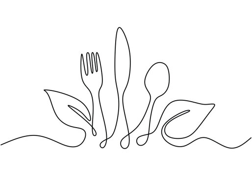 Fork, knife and spoon with vegetable leaf in continuous line art drawing style on white background.
