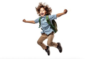 Sticker - Young school child jumping shouting white background.