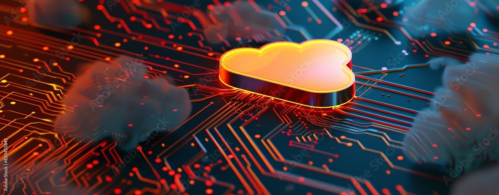 a glowing cloud icon on a circuit board background with a neon light ...