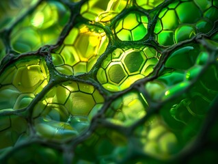 Microscopic View of Photosynthesis in Plant Cells Revealing Intricate Green Geometrical Structures