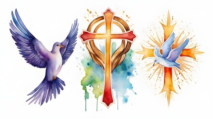 Wall Mural - Holy Trinity symbols. Cross, crown and dove of Holy Spirit. Watercolor christian symbols against white background. Vector illustration.