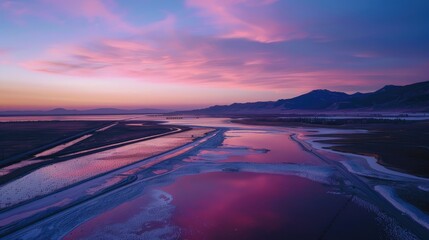 Pink Salt Lake captured at sunset from a drone DJI Mavic Air 2