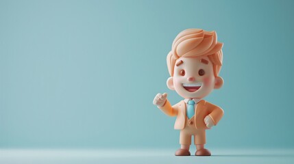 Wall Mural - Cute 3D rendering of a cartoon boy in orange suit and blue tie against pastel background, waving and smiling cheerfully.