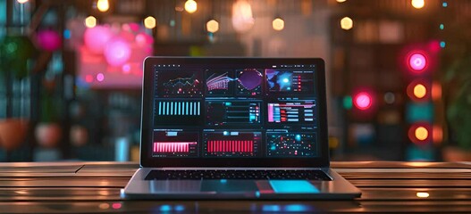 Laptop with dashboard on wooden table, graphs and charts for business data analysis concept. 