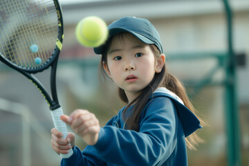 Wall Mural - Generative AI Image of Japanese Little Girl Playing Tennis Hitting the Ball using Racket