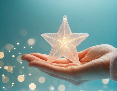 woman hand holds a glowing star on a serene light blue background, symbol 