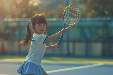 Wall Mural - Generative AI Image of Japanese Little Girl Playing Tennis on the Court While Swing the Racket