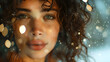 © ELmidoi-AI - A young woman with curly hair capturing a self-portrait in an art studio with lights creating a bokeh effect.