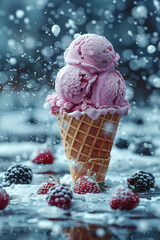 Wall Mural - A cone of ice cream with a strawberry on top.