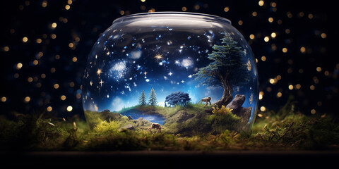 Wall Mural - rrarium showcasing a miniature night environment with bright blue stars, captured in highly detailed macro photography.