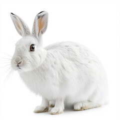 Fluffy white rabbit sitting calmly on a white background, displaying its pristine fur and gentle demeanor.