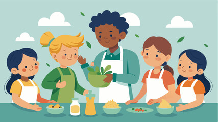 The scent of fresh herbs and es fills the air as a group of children learns to make homemade pasta from scratch in the shared community kitchen guided by a patient adult mentor.. Vector illustration