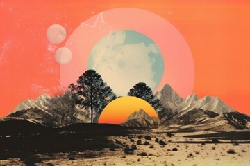 Wall Mural - Collage Retro dreamy sunset landscape astronomy mountain.