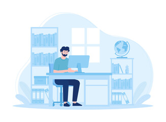 Wall Mural - Sitting man studying online using a computer concept flat illustration