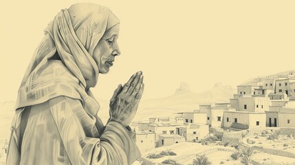 Wall Mural - Biblical Illustration of St. Monica in Prayer in 4th-Century North African Village, Beige Background, Copyspace