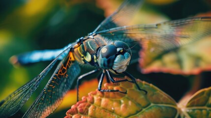 Sticker - Close up of a dragonfly resting on leaves Dragonfly in profile Dragonfly up close Dragonfly captured in a macro shot