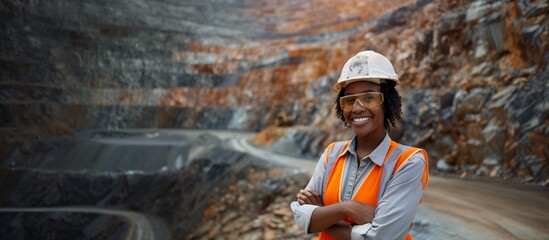 african american safety and occupational health specialist woman smiling confidently, open-pit mine 