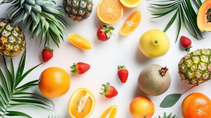 Summer themed flat lay of tropical fruits against a white backdrop